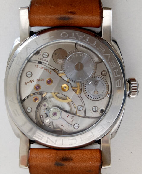 Panerai Radiomir mens watch - view from behind. The glass bottom makes the movement visible.